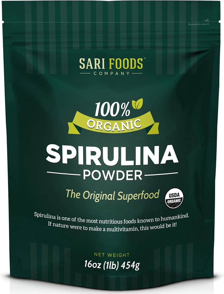 Organische Spirulina Poeder (16 Ounce): Natuurlijk veganistisch, Supplies Folaat, Vitamine B12, IJzer, Omega vetzuren, GLA, Beta Caroteen, Chlorofyl, Aminozuren