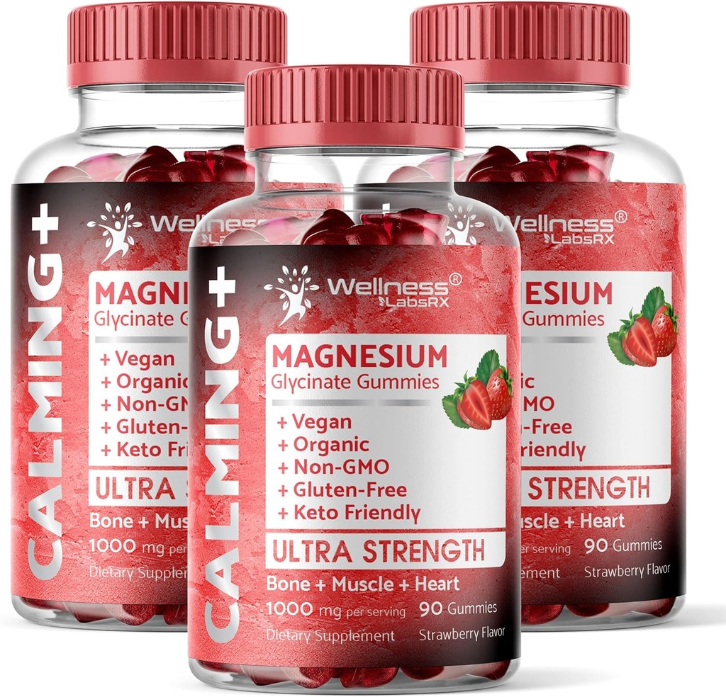 Magnesium Glycinate Gummies, 1000 mg - Magnesium Supplement aan ondersteuning Ontspanning, Hart Gezondheid - Kauwbare Kalm Magnesio Gummies voor volwassenen, Glicinato De Magnesio - Aardbei Smaak - Pak van 3