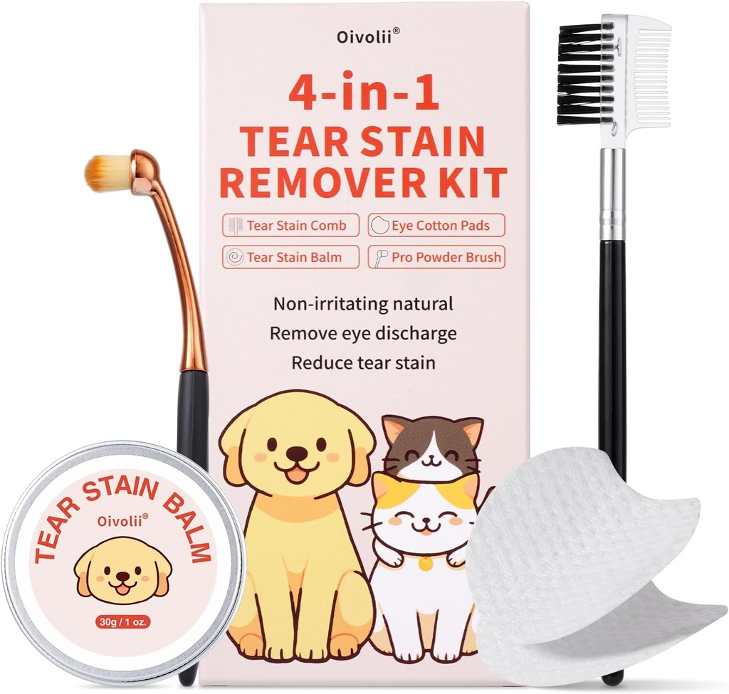 Tear Stain Remover Kit voor honden & katten met Tear Stain Comb, Tear Stain Balm, Eye Cotton Pads, Pro Powder Brush Verwijder Tear Stain, Eye Debris, Discharge, Mucus Secretions