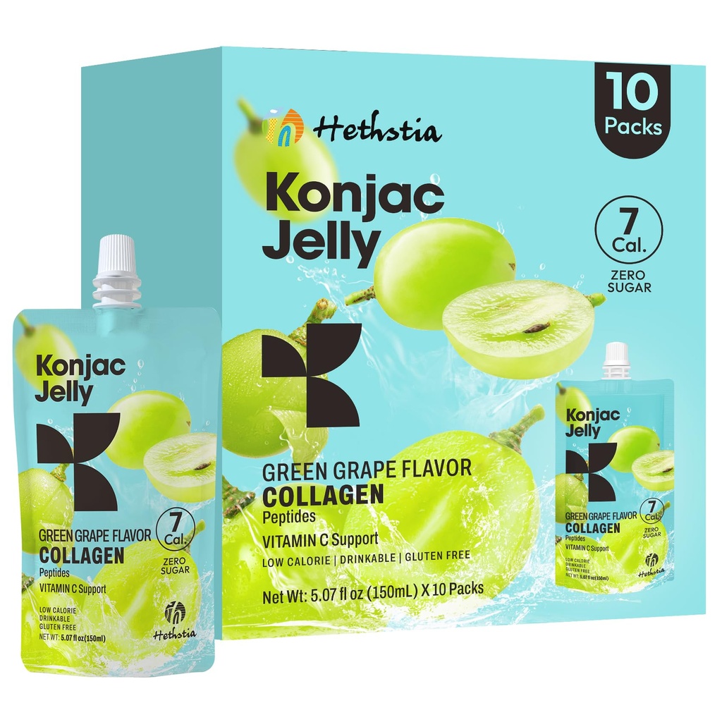 Hethstia Konjac Jelly Groene druivensmaak, 10 zakjes, Drinkbare druivengelei met Collageen Peptiden, 7 Kcal, Suikervrij, Glutenvrij, Keto, Veganist, On-The-Go Chewy Light Snacks