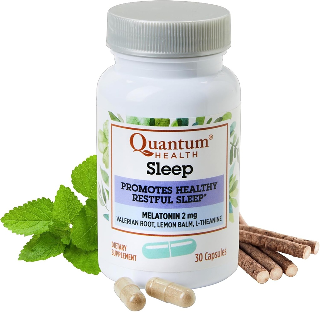 Quantum Health Sleep Melatonine 2mg gezonde rustgevende slaapondersteuning Mengen met ontspannende Valeriaanwortel, citroenbalsem & L Theanine Dagelijkse geest & lichaam welzijn voor vrouwen & mannen - 30 capsules