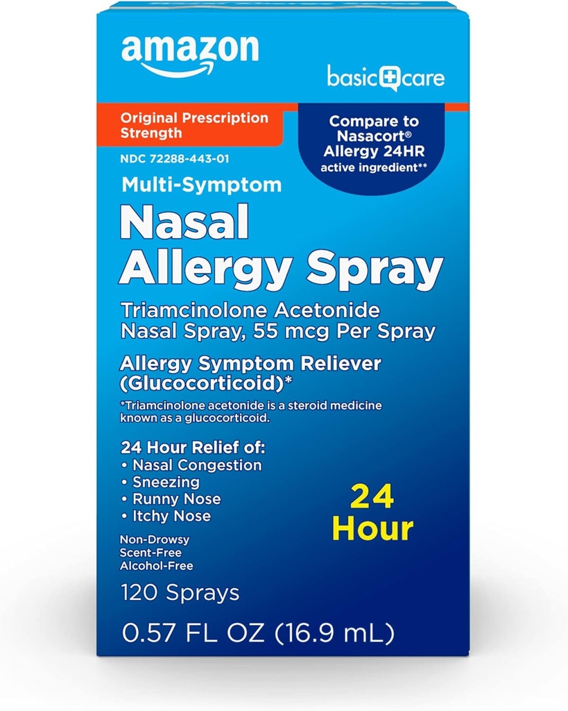 Basic Care 24 uur Allergie Neusspray, Triamcinolon Acetonide 55 mcg per spray, Allergie Geneeskunde, Niet-Drowsy, 0,57 fl oz (pakket van 1)