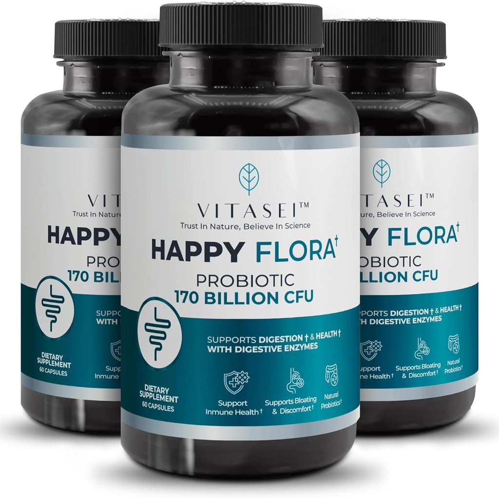 VITASEI Happy Flora, Probiotic Supplement 170 Miljard CFU voor een gezonde Gut Health met enzymen voor digestie, probiotica voor vrouwen en mannen, 3 fles - 180 capsules