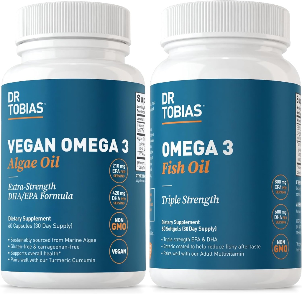 Dr. Tobias Vegan Omega 3 Algenolie en Omega 3 Visolie, 2 opties voor uitgebreide vetzurenondersteuning, niet-GMO