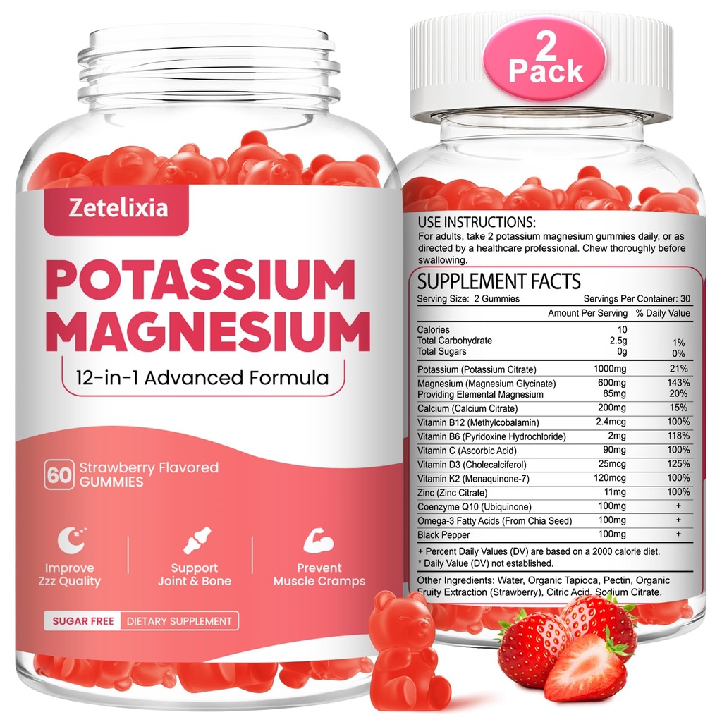 2 Pack Kalium Magnesium Supplement Gummies voor volwassenen Kids, Magnesium Glycinate & Kalium citraat, Plus Multivitamine, Omega-3 & Black Pepper, Been Kramps, Spier & Hart Gezondheid, 120 Tellen