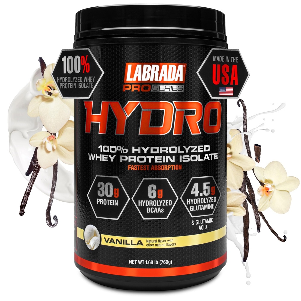 Labrada Hydro 100% Pure Hydrolyzed Whey Protein Isolate Powder, Lactose Free, 6g BCAA’s, 4.5g Glutamine, Fastest Digesting Whey Available, Instant Mixing, Delicious Taste 20 Servings (Vanilla)