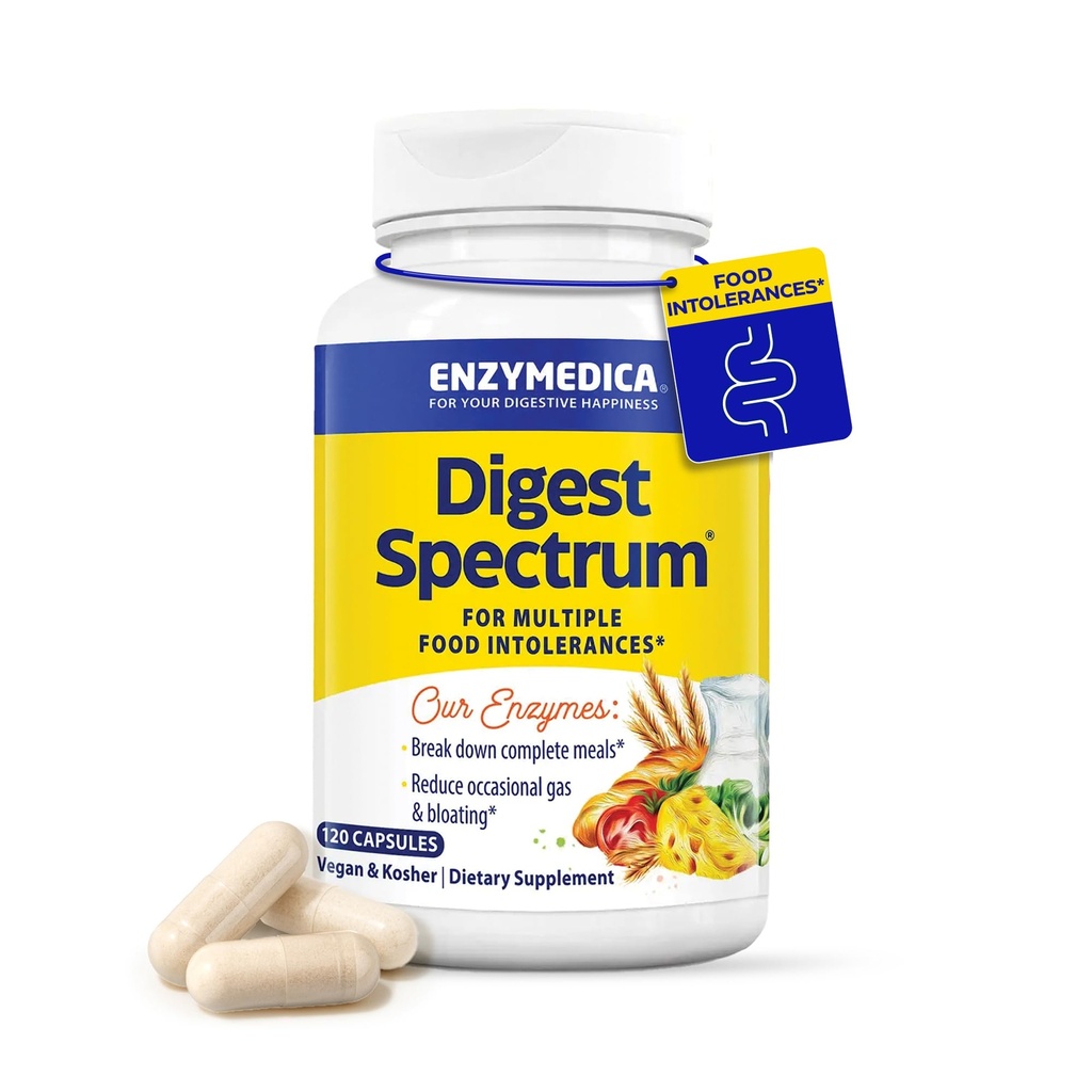 Enzymedica Digest Spectrum, geavanceerde spijsverteringsenzymen voor vrouwen en mannen, Ondersteunt spijsvertering en Meerdere voedselonverdraagzaamheiden, Snelwerkende formule voor gas en opgeblazen verlichting, 120 capsules FFP