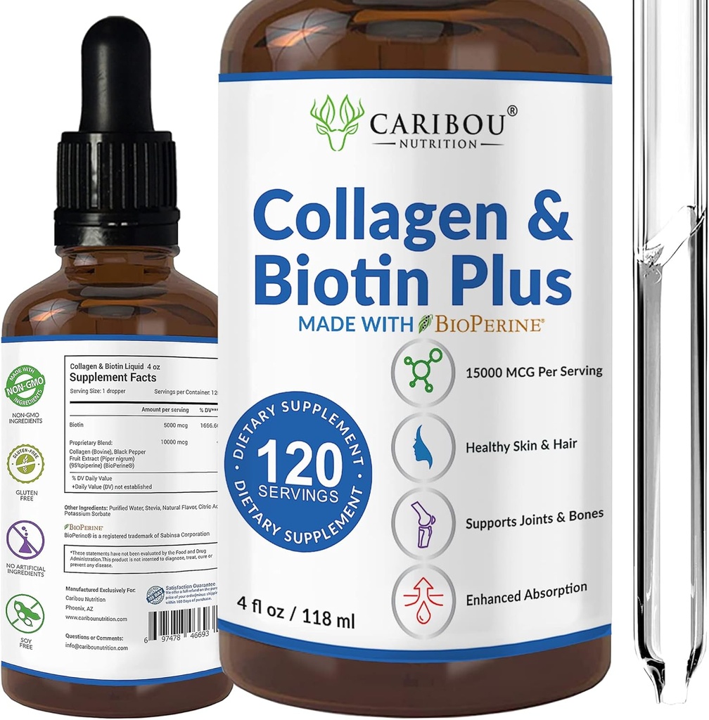 Liquid Collagen & Liquid Biotin With BioPerine For Enhanced Absorption - 10000mcg Collagen Liquid & 5000mcg Biotin Liquid - Liquid Collagen For Women -4 Month Supply of Biotin And Collagen Supplements