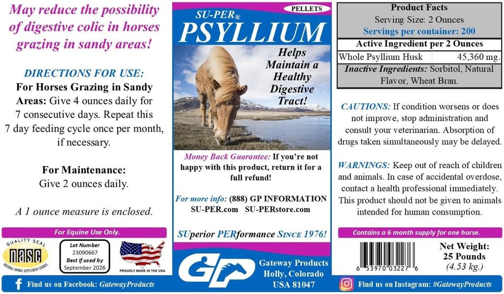 SU-PER Psyllium Pellets Equine Supplement - Handhaaft gezonde spijsverteringstrek bij paarden - Ondersteunt verwijdering van zand en vuil van intestinale Tract - 25 pond, 6 maanden levering