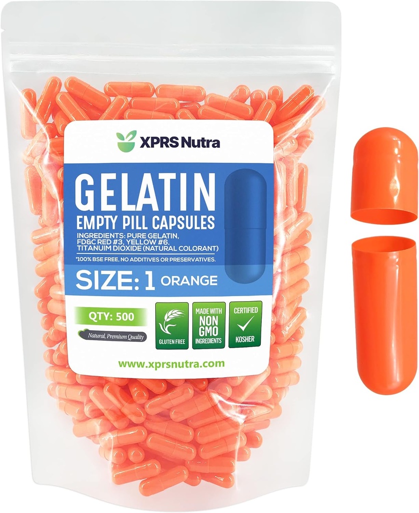 XPRS Nutra Size 1 Empty Capsules - 500 Count Empty Gelatin Capsules - Pill DIY Capsule Filling - Pure Bovine Pill Gel Caps for Do-It-Yourself Supplements (Orange)