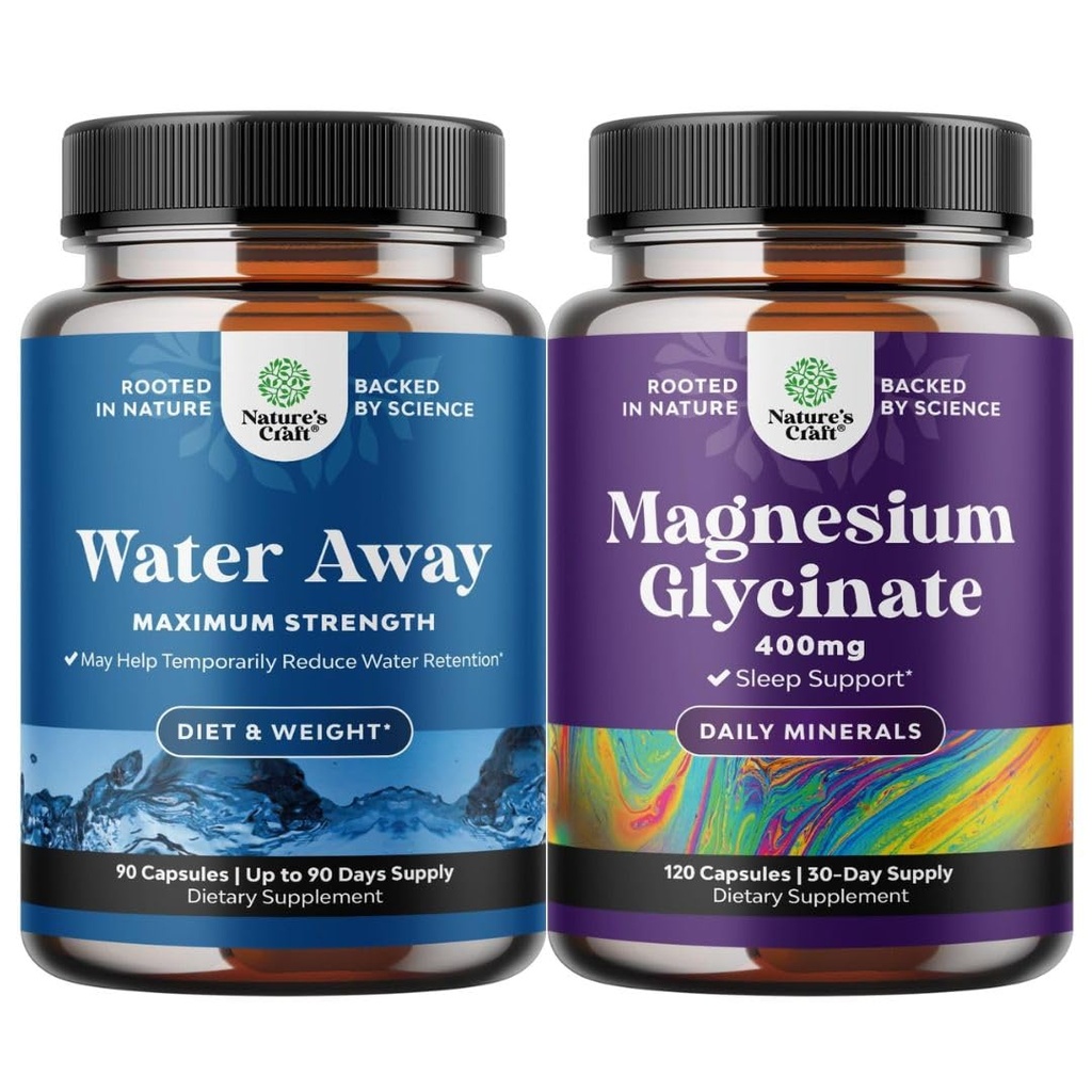 Bundle of Water Away Pills Maximum Strength - Herbal Diuretic Pills for Water Retention for Fast Acting Bloating Relief and Pure Magnesium Glycinate 400mg Per Serving for Mood Sleep and Relaxation