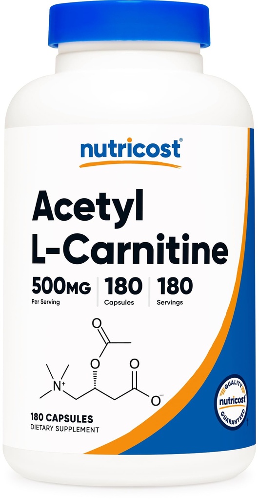 Nutricost acetaat L-Carnitine (ALCAR) 500 mg, 180 capsules, 180 porties - Non-GMO en Glutenvrij, 1 capsule per portie
