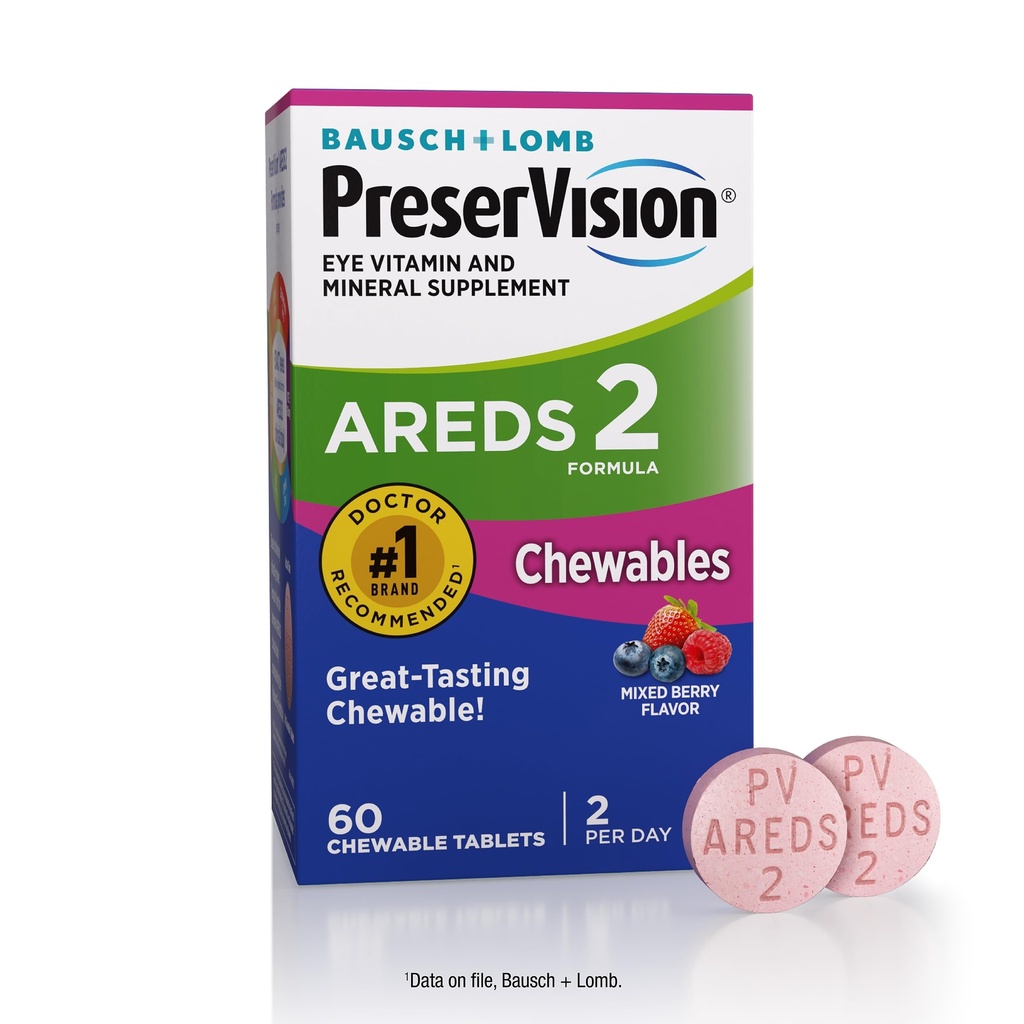 PreserVision AREDS 2 Oogvitaminen, #1 Oogarts Aanbevolen Merk, Kauwbare Luteïne en Zeaxanthine Supplement met Vitamine C, Vitamine E, Zinc, en Koper, Gemengde Berry, 60 tabletten