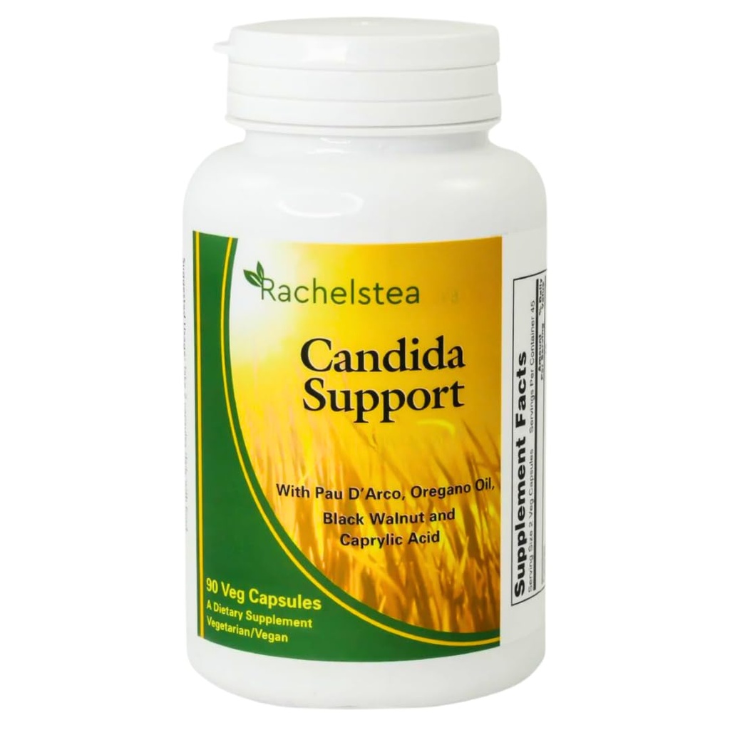 Rachelstea Candida Support, Intestinal Flora, with PAU D'Arco, Oregano Oil, Black Walnut, and Caprylic Acid, 90 Veg Capsules, A Dietary Vegetarian/Vegan Supplement