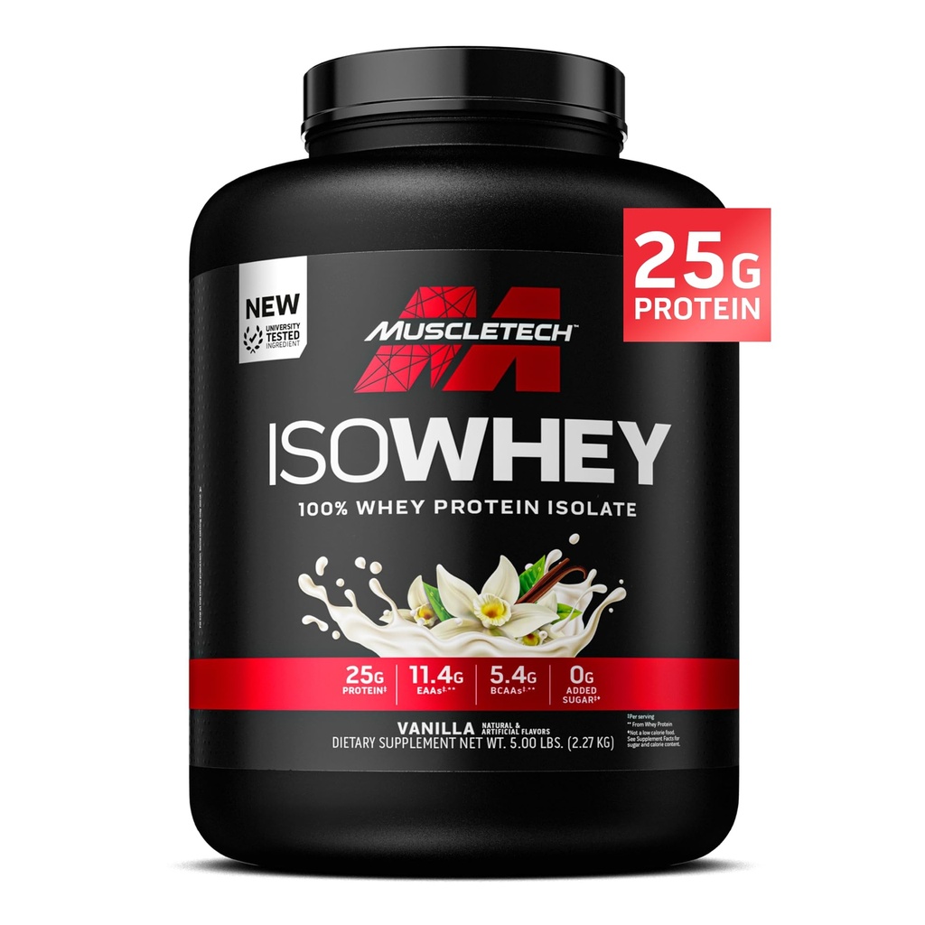 MuscleTech ISO Whey Isolate Protein Powder, Vanilla - Post Workout Gym Supplement for Lean Muscle Gain, Body Building Weight Gainer & Recovery - 25g Protein, BCAA, EAA & 0 Added Sugar - 5lbs