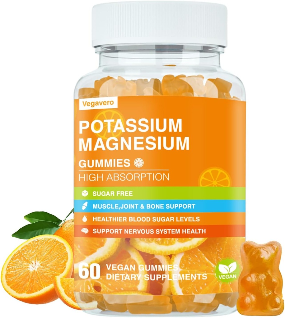 Kalium Magnesium Gummies - Hoge Absorptie Magnesium Glycinate & Kalium citraat Plus Coenzyme Q10, DHA, D3, Mineral & Calcium voor Zzz, Leg Cramps & Muscle - 60 Orange Gummies