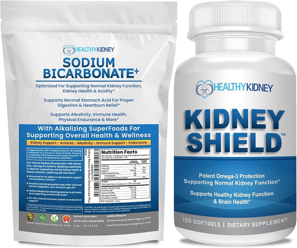 Organisch Natriumbicarbonaat Alkalinesupplement 1.5LBS + Nierschild 120 Caps Niersupplement ter ondersteuning van de normale nierfunctie