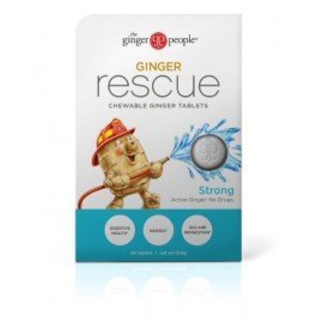 The Ginger People Ginger Rescue® Kauwtabletten Drugvrije spijsverteringsgezondheid, 5,5 oz Kauwtabletten, Sterke Gembersmaak, 0,55 Oz, 10 Graaf Caddy (240 tabletten)