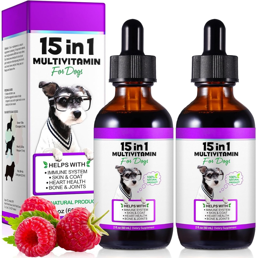 Dog Multivitamin,15 in 1 Dog Multivitamin Liquid Drops Supplements, Dog Vitamins for Heart Health, Bones, Joint, Skin & Coat, Bladder, Immune System Support 60ml-2pcs