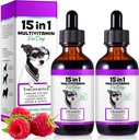 Honden Multivitamine,15 in 1 Honden Multivitamine Liquid Drops Supplementen, Honden Vitaminen voor de gezondheid van het hart, Bones, Gezamenlijke, Huid & Coat, Blaas, Immuun Systeem Ondersteuning 60ml-2 st