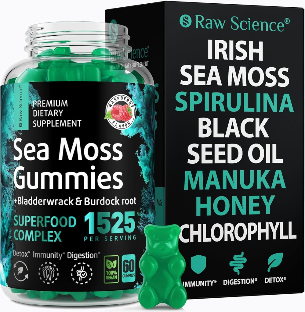 Irish Sea Moss Gummies - Detox & Thyroid Support for Women & Men - Black Seed Oil, Manuka Honey, Fenegriek, Chlorofyl: Immune Support, Immunity Supplement - Burdock Root, Bladderwrack - 60 Gummies