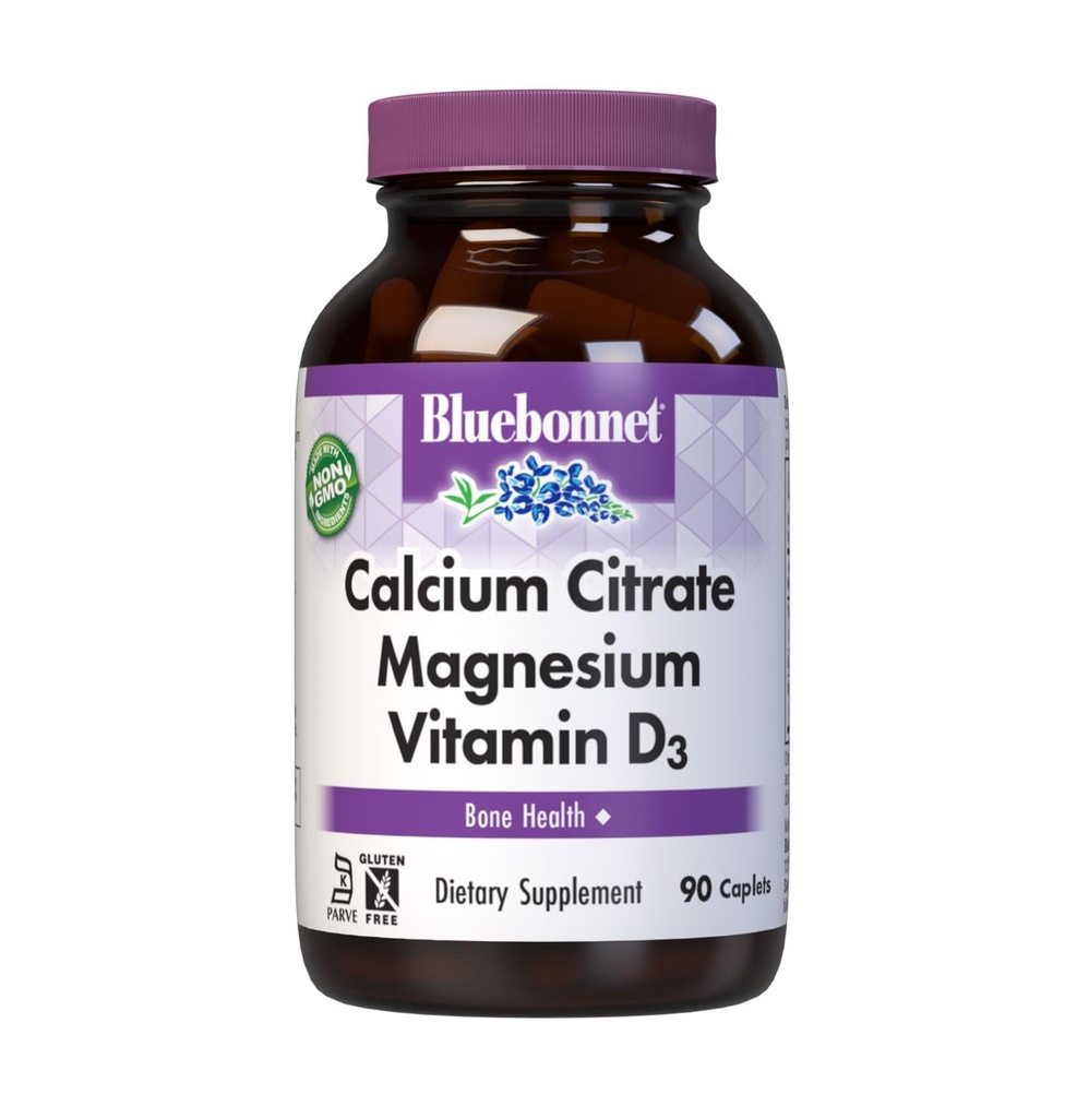 Bluebonnet Voeding Calcium citraat Magnesium Plus Vitamine D3 Caplets, Bot Gezondheid & spierontspanning, Niet GGO, Gluten, Soja & Melkvrij, Kosjer, Wit, 90 Tel.