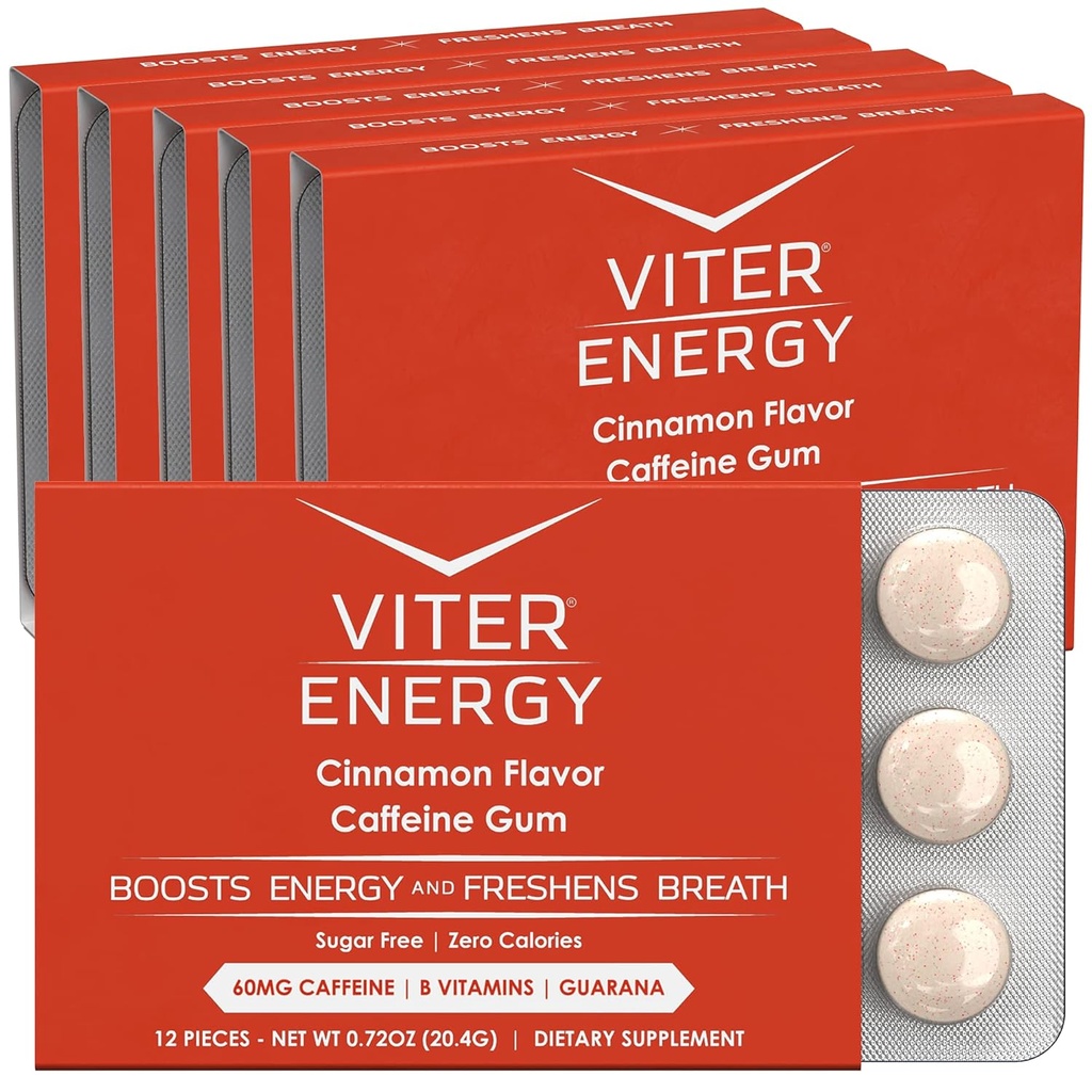 Viter Energy Cafeïnated Gum 60mg Cafeïne, B Vitaminen, Guarana, Suikervrij. (Cinnamon, 12pcs, 6 Pack)