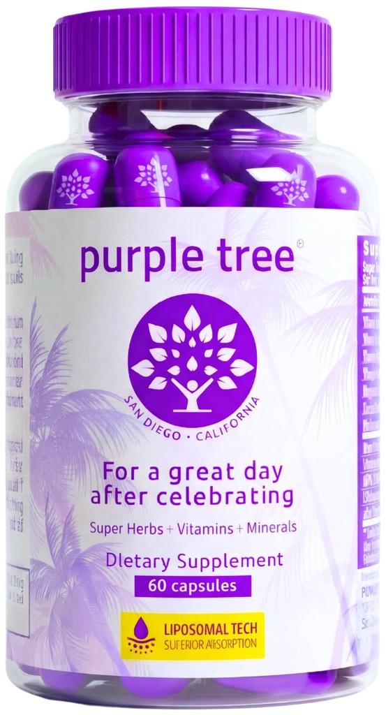 purple tree Post-Celebration Wellness Supplement | Liposomal Dihydromyricetin (DHM), L-Glutathione, Milk Thistle for Liver Support & Hydration | Electrolytes, B Vitamins, Willow Bark | 60 Capsules