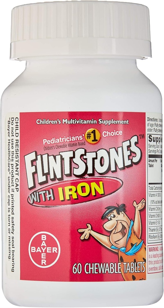 Flintstone Vit W/Iro Grootte 60s Flintstones Kinderen Multivitamine Supplement W/ Ijzer Kauwbare Tabbladen 60 Ct (verpakking van 2)