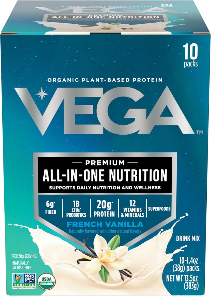 Vega Organic All-in-One Vegan Protein Powder, French Vanilla - Superfood Ingrediënten, Vitaminen voor Immunity Support, Keto Friendly, Pea Protein for Women & Men, 13,5 oz (Verpakking mei Vary)