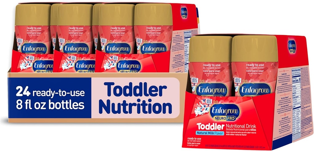 Enfagrow NeuroPro Peuter Voedingsdrank, Gemaakt met echte melk, Hersenbouwende Omega-3 DHA, Voedingsstoffen voor Groei & Immuun Ondersteuning, Niet-GMO, Gebruiksklaar, 8 fl Oz (24 flessen)