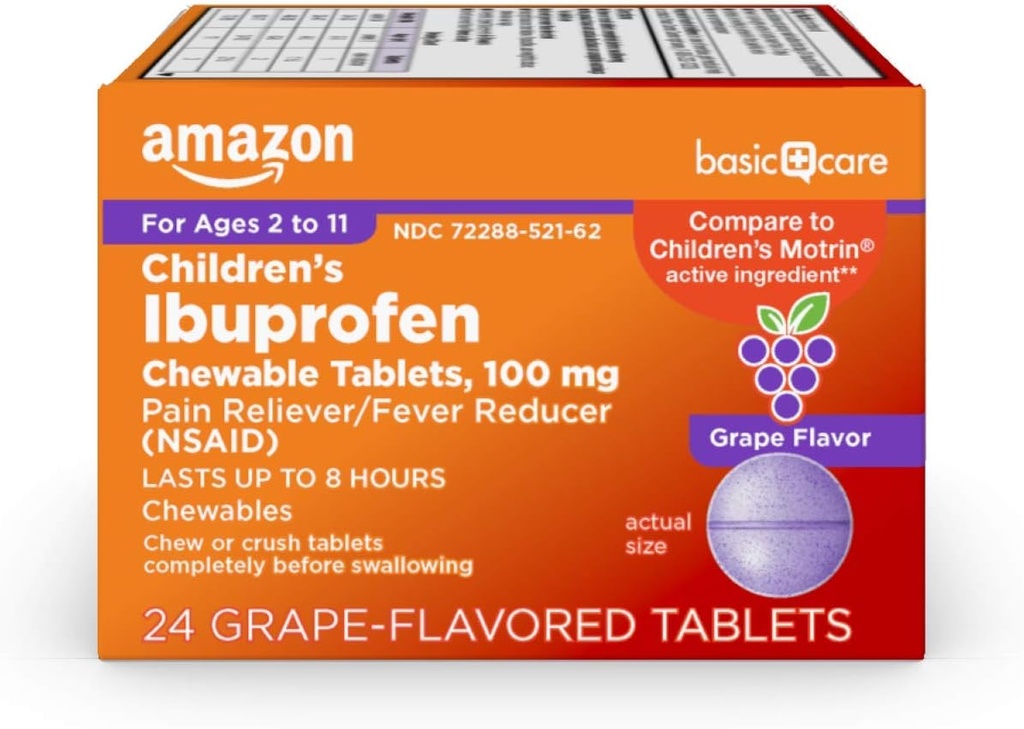 Basic Care Kinderen Ibuprofen Kauwtabletten 100 mg, druivensmaak, pijnstiller en koortsreducer (NSAID), voor pijnlijke keel, tandpijn, hoofdpijn en meer, 24 Tellen
