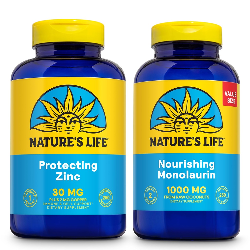 Het leven van de natuur voeden Monolaurin 1000mg 250ct en het beschermen van zink Picolinaat 30mg 250ct - Gut Health and Immune Support Supplements - Monolaurin van rauwe kokosnoten, gecheleerd zink - 60-dagen garantie