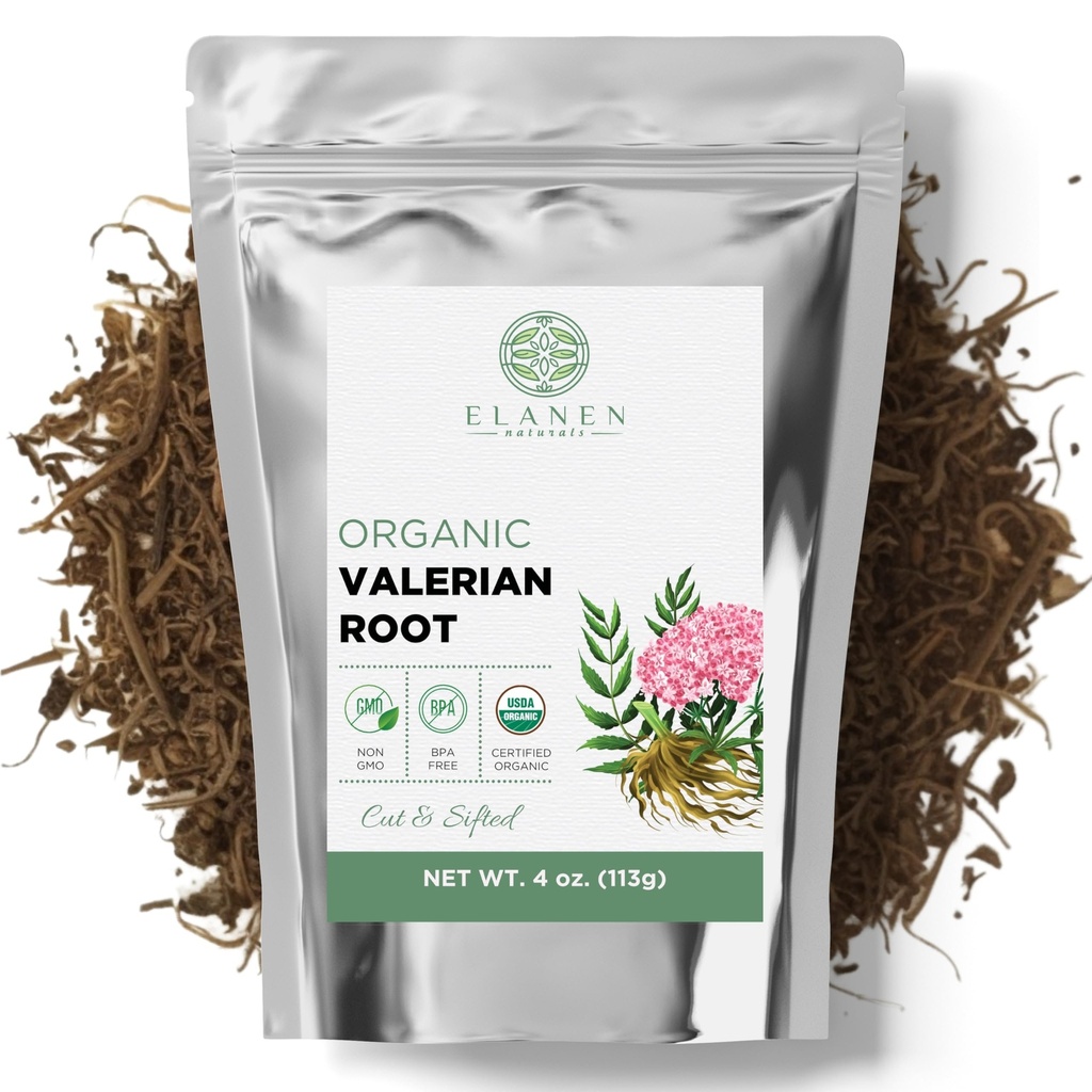 Elanen Naturals Biologische Valeriaanwortel 4 oz. (113 g), USDA Certified Biologische Valeriaanwortelkruidthee, Te De Valeriana Para Dormir, Valariaan officinalis Whole Loose Leaf, Cut & Sifted