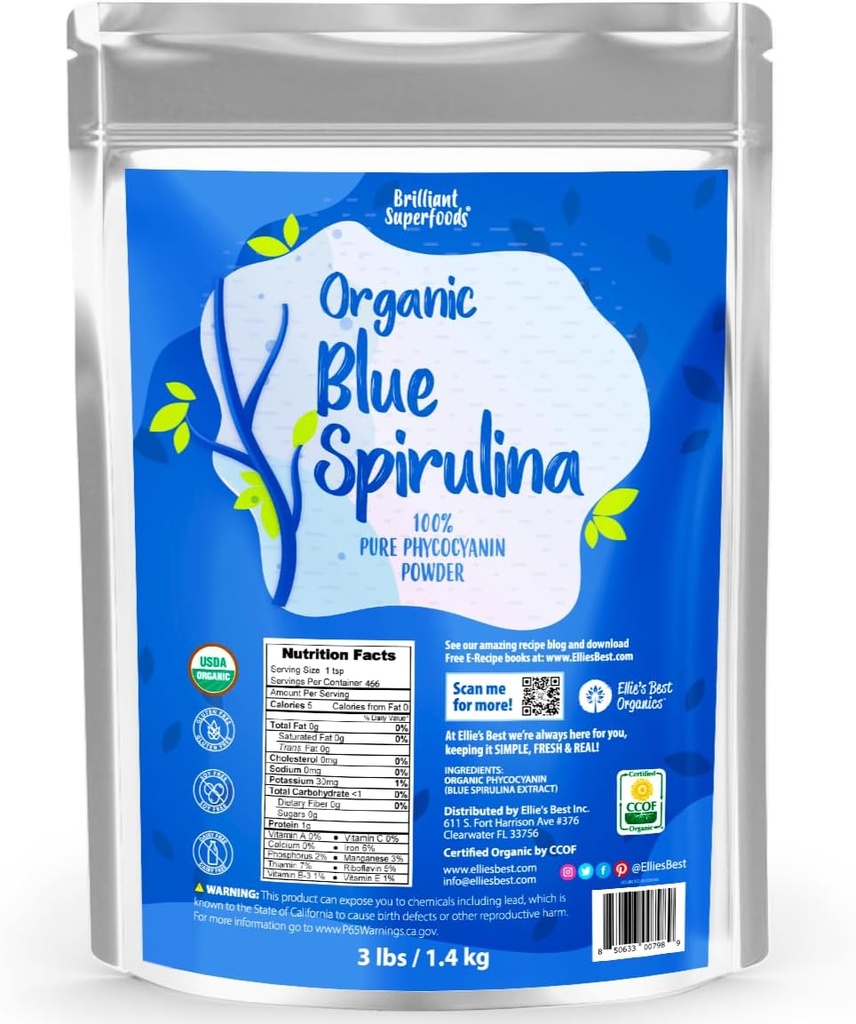 Ellie's beste biologische Blue Spirulina Powder Superfood Supplement - Odorless - 3LB Bulk - Veganistisch, Niet GGO, Glutenvrij, Dairy-Free, Briljant Blue Food Coloring - Pure Water Extracted