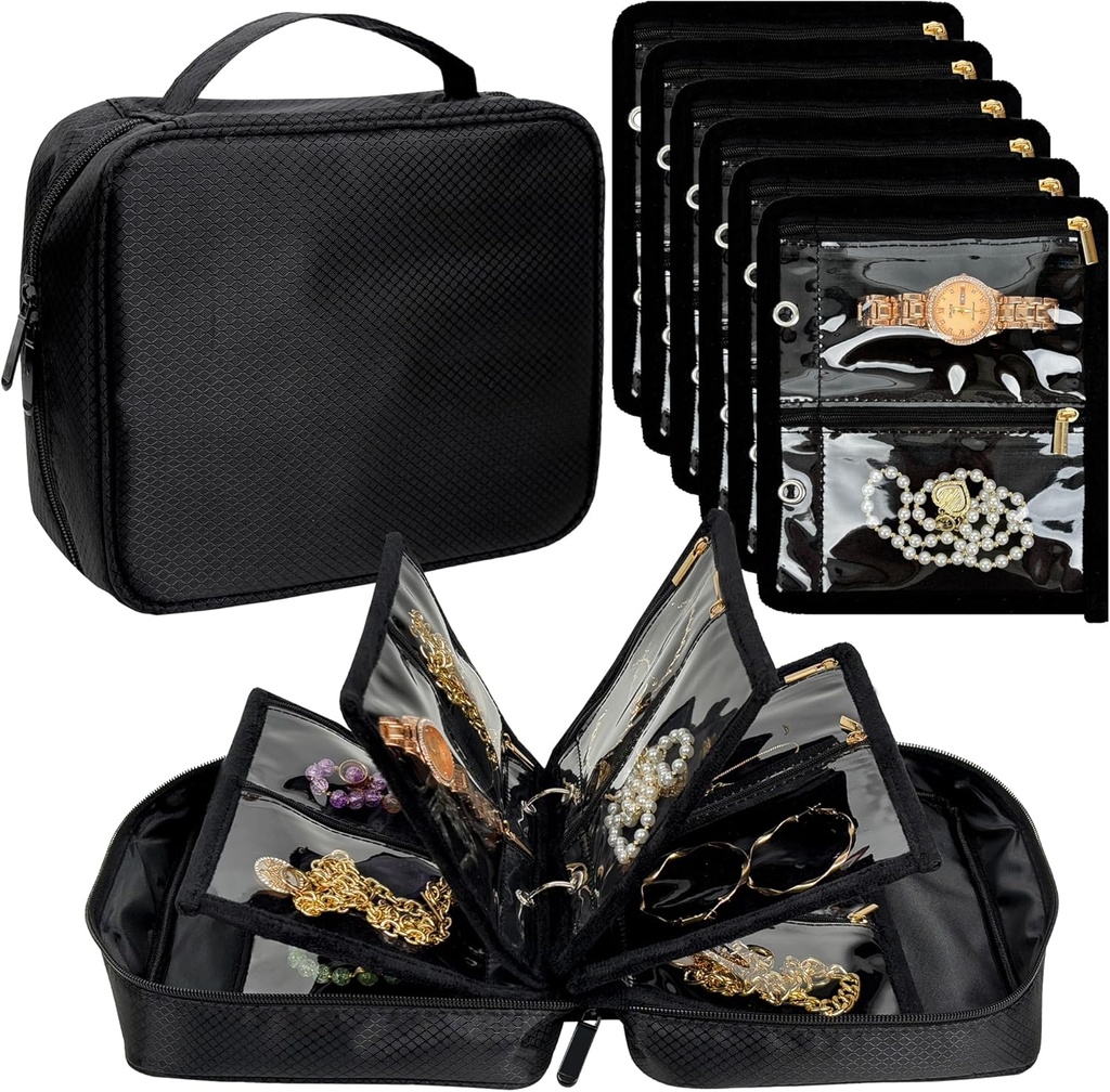 Travel Jewelry Organizer Case,Jewelry Bags for Traveling, Jewelry Binder with 24 Pcs Clear Zipper Velvet Pouches for Storing Earrings, Rings, Necklace, Bracelet, Watch (Black)