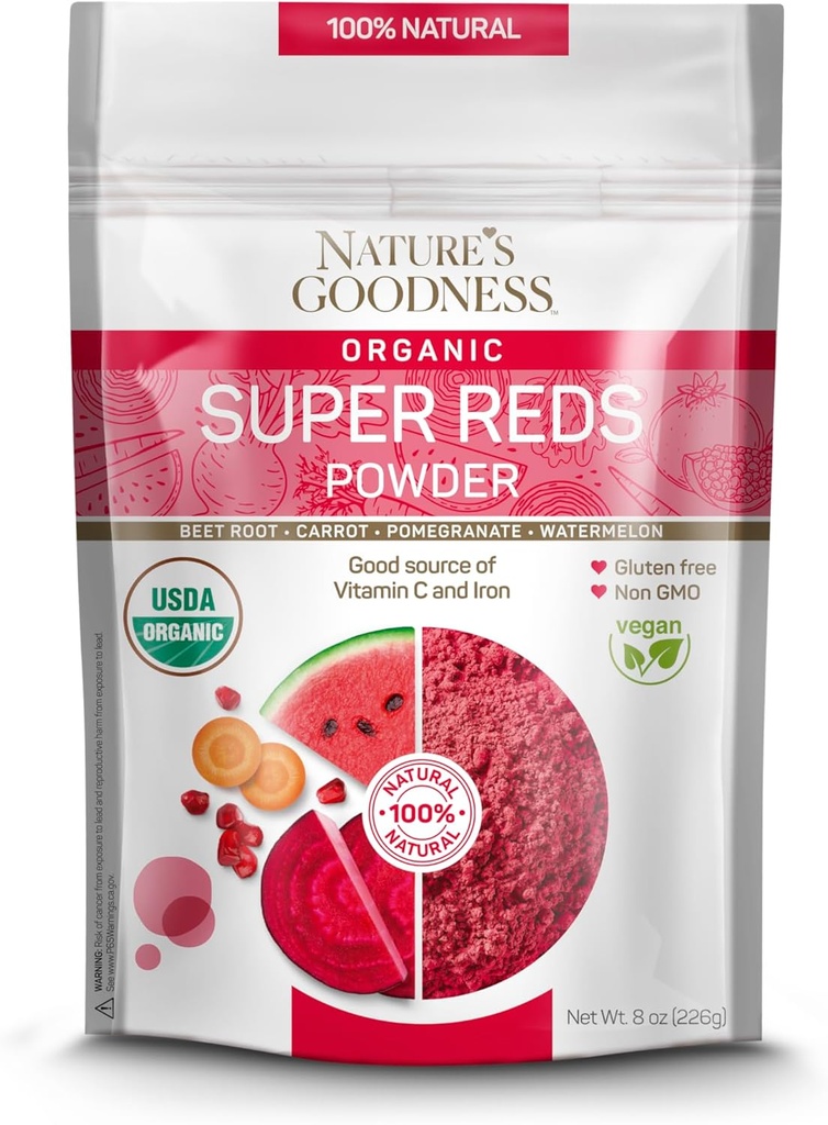 Nature's Goodness Super Reds Powder with Beet Root, Wortel, Granaatappel en Watermeloen - Antioxidant Rich Superfood for Energy, Heart Health en Detox 16 Servers (8 oz)