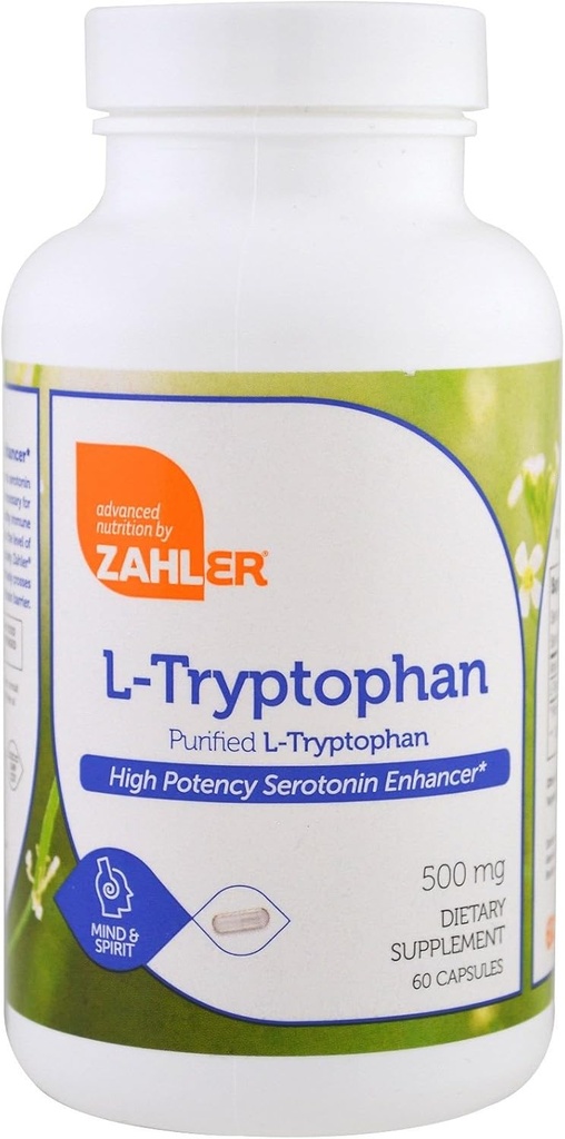 Zahler L-Tryptofaan 500mg - Gezuiverd L-Tryptofaansupplement - hoog-potentie-Aminozuur voor serotonine en Balanced Mood Support - Vegetarisch-Vriendschappelijk, Kosher, Non-GMO en Glutenvrij (60 Capsules)