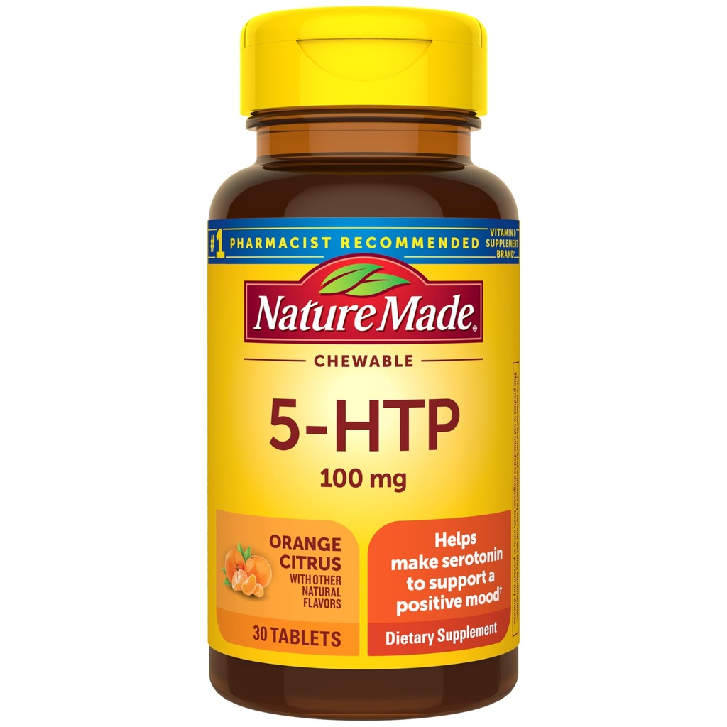 Nature Made Chewable 5HTP 100mg, 5-HTP Mood Support Supplement, 30 5 HTP kauwtabletten, 30 dagen levering
