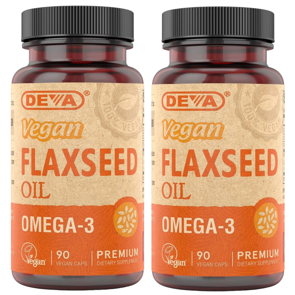DEVA Biologische Veganistische Vitaminen Vlas Zaadolie - Rijk aan Omega-3, Koudgeperst & Ongeraffineerd - 90 Capsules, 2-pack