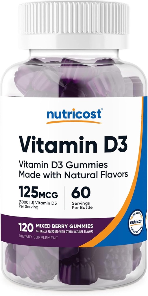 Nutricost Vitamine D3 Gummies 5.000 IE (125 mcg), 120 Gummies - gemengde Berry smaak, 60 porties