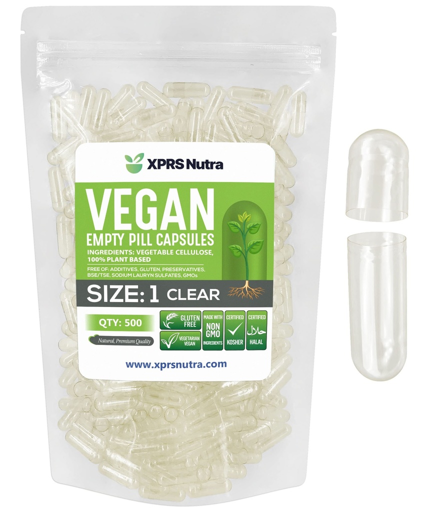 XPRS Nutra Maat 1 Lege Capsules - 500 Tel helder Lege Vegan Capsules - Vegetarische pillen - DIY plantaardige Capsule vullen- Veggie pilscaps voor Do-It-Yourself Supplementen
