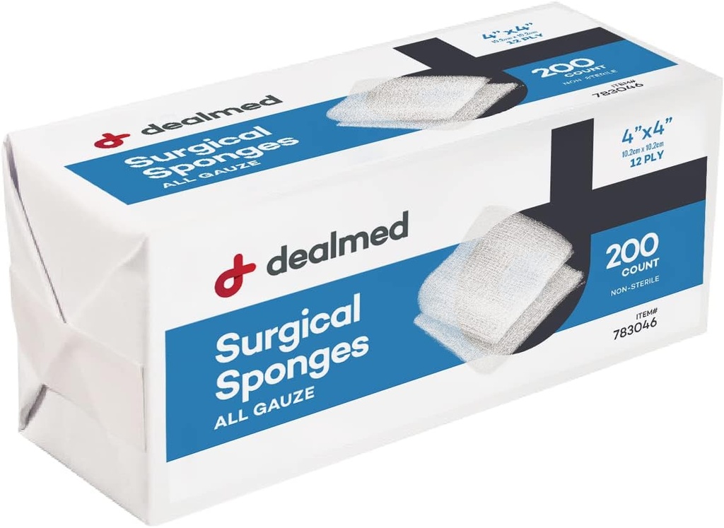 Dealed 4" x 4" Chirurgische Sponges, 12-laags, Absorberende geweven Gauze Pads, Niet-steriele Wound Care voor EHBO Kit en medische voorzieningen, 200 Telling (Pack of 1)