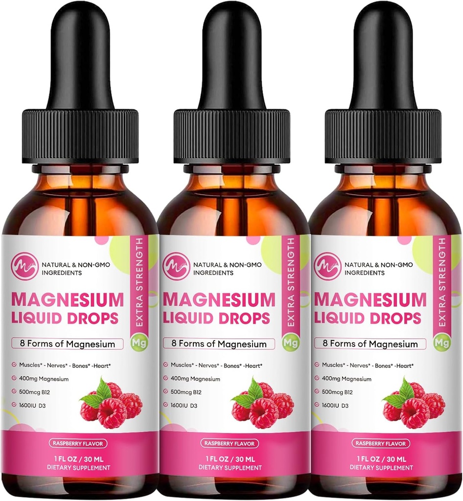 (3 Pack) M inch Magnesium Glycinate Liquid Drops, Magnesium Liquid Supplement with Cellulose Fiber Raspberry Flavor