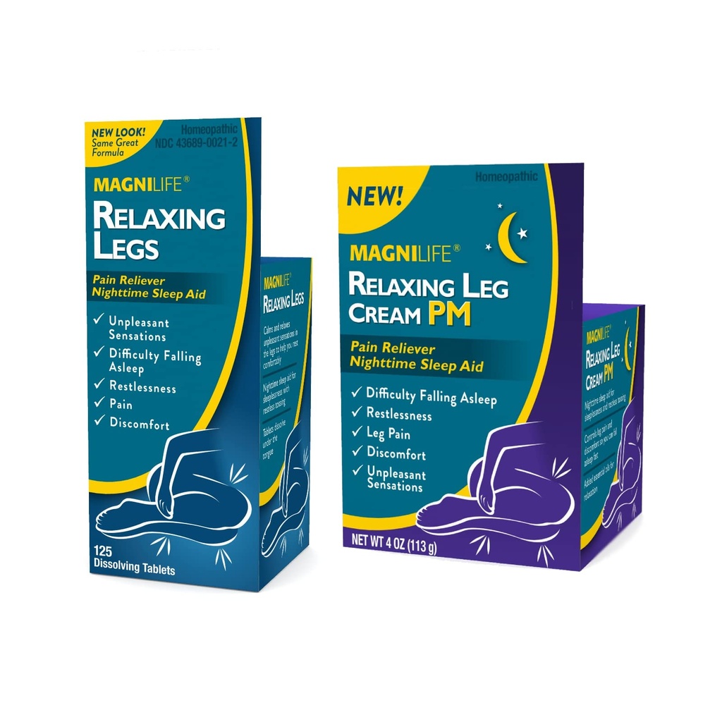 MagniLife Relaxing Legs 125 Tel Quick Solution Tablets Relaxing Leg Cream PM 4oz Jar Restless Legs