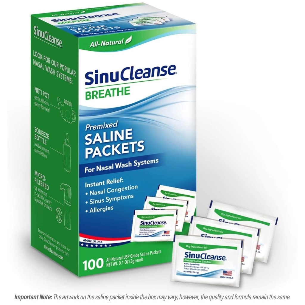 SinuCleanse Pre-Mixed Saline Packets voor Sinus Rinse en Neus Irrigatie Systems, 100 Telling, Made in USA, All-Natural, Pharmaceutical Grade en PH Balanced