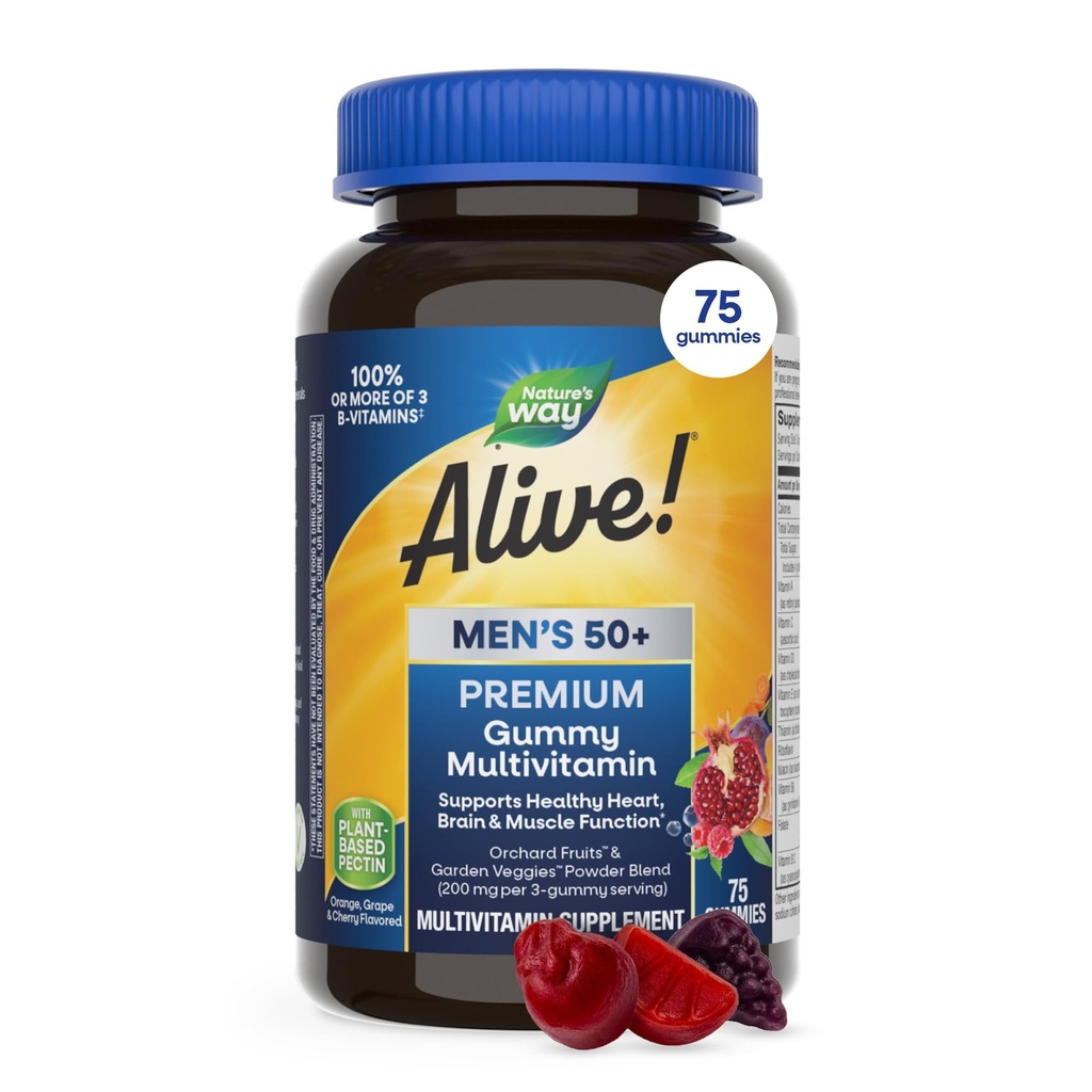 De natuur leeft! Mannen 50+ Premium Gummy Multivitamine, Ondersteunt Gezond Hart, Hersen & Spierfunctie*, B-Vitaminen, Vegetarisch, Graaf, Oranje en Cherry smaak, 75 Gummies