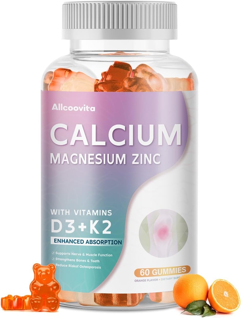 Calcium Magnesium Zink Gummies met Vitamine D3 & K2 - Hoge Potentie Enhanced Absorptie -60 Oranje Gummies Flavored.