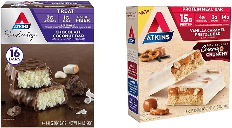 Atkins Chocolate Coconut Bar 16 Telling, Vanilla Caramel Pretzel Proteïne Maaltijd Bar 5 Tellen