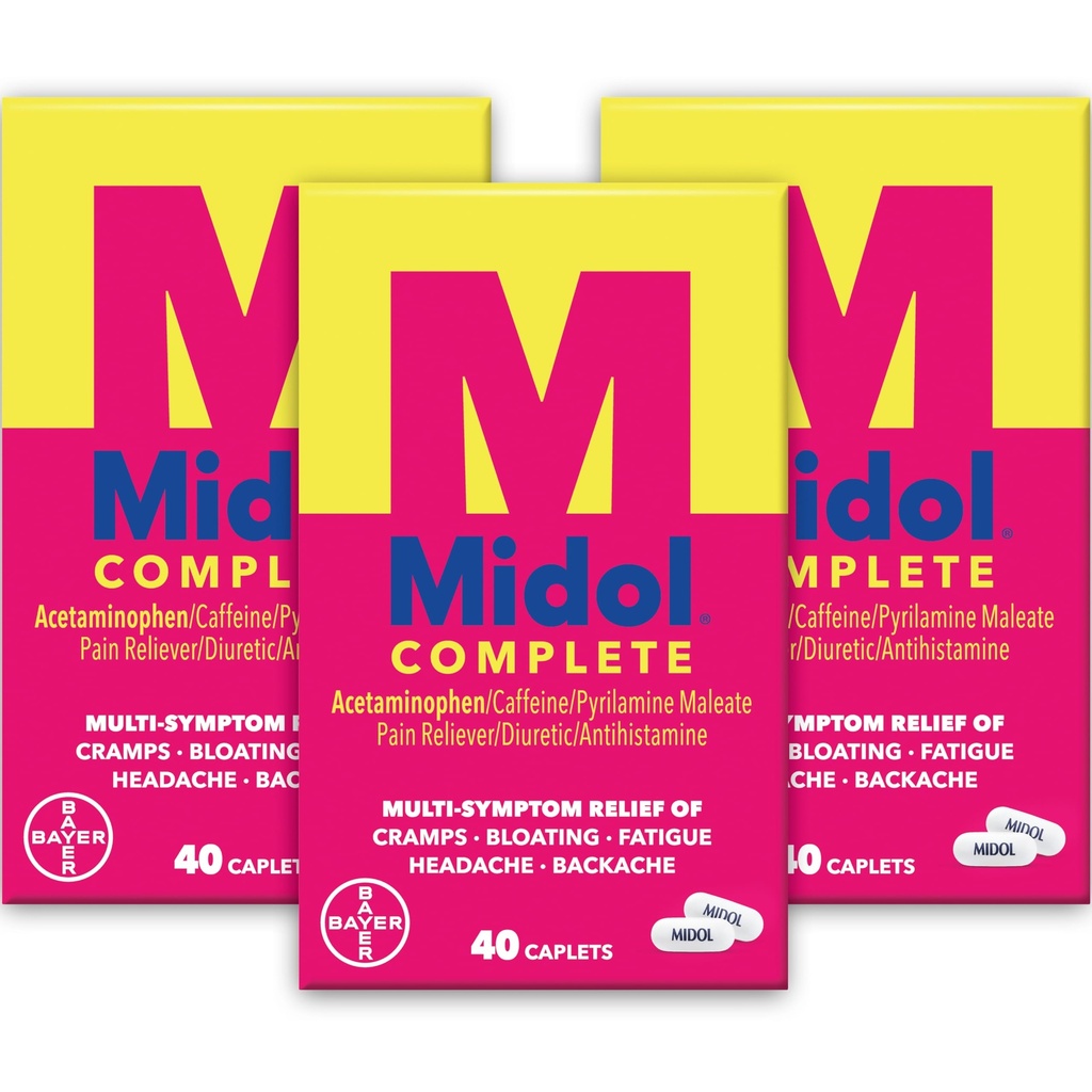 Midol Complete Menstrual Pain Relief Caplets with Acetaminophen for period cramps, and Menstrual Symptom Relief - 40 Tellen (pack of 3) (packaging May Vary)